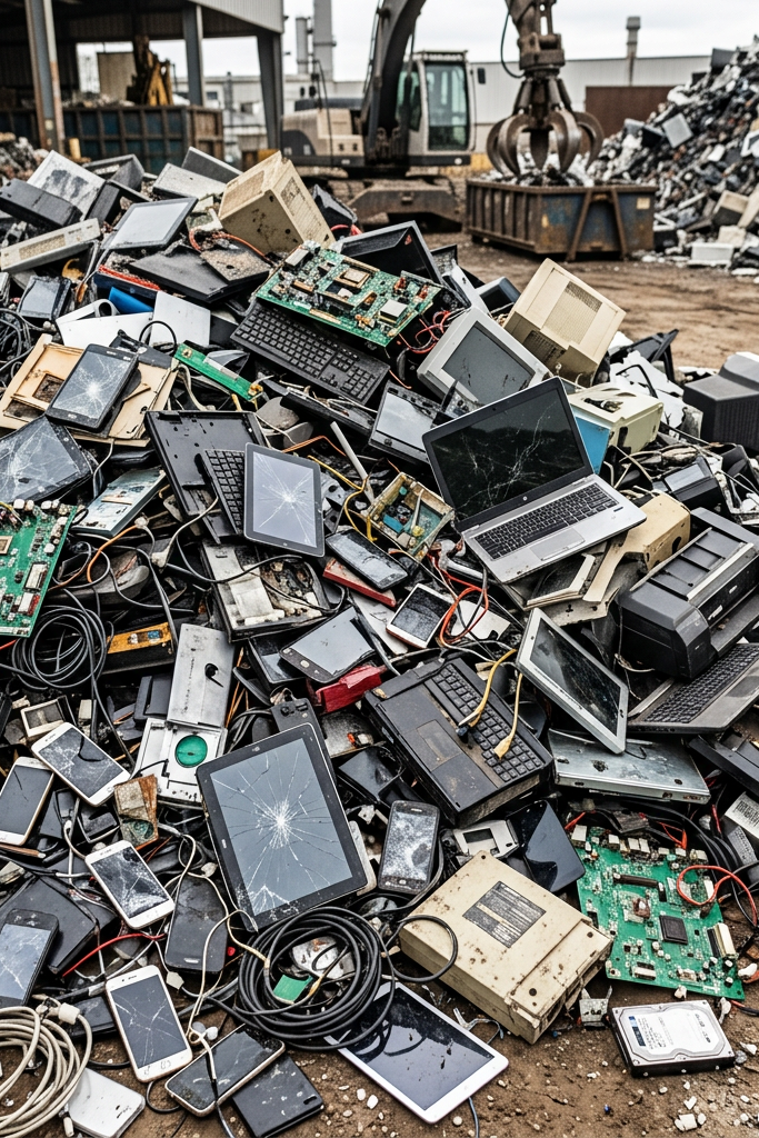 Pile of broken laptops, tablets, smartphones, circuit boards, and other electronic devices