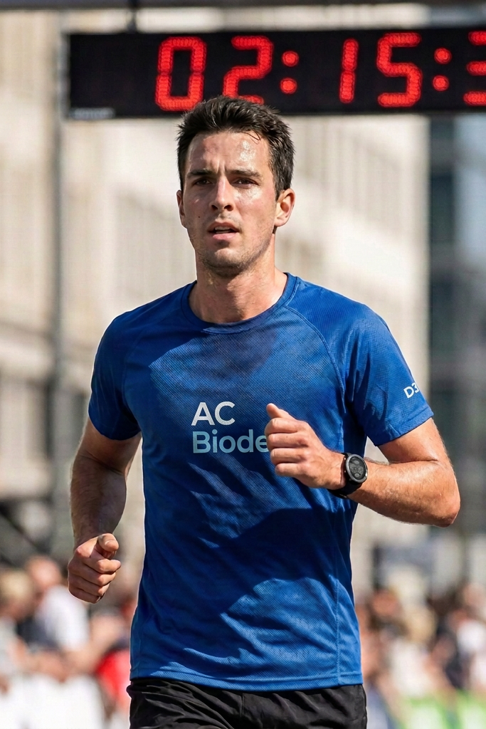 Male marathon runner in blue shirt running on city street with race timer showing 2:15:38