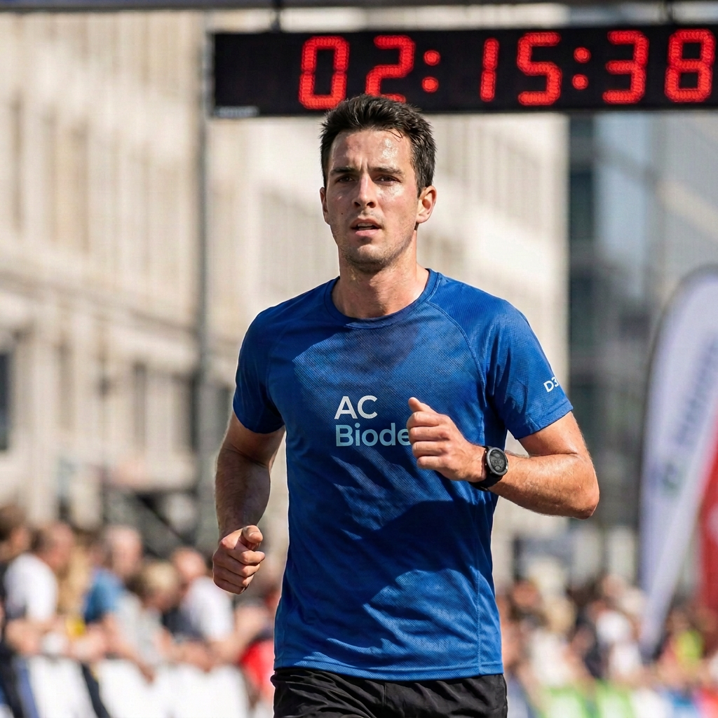 Male marathon runner in blue shirt running on city street with race timer showing 2:15:38